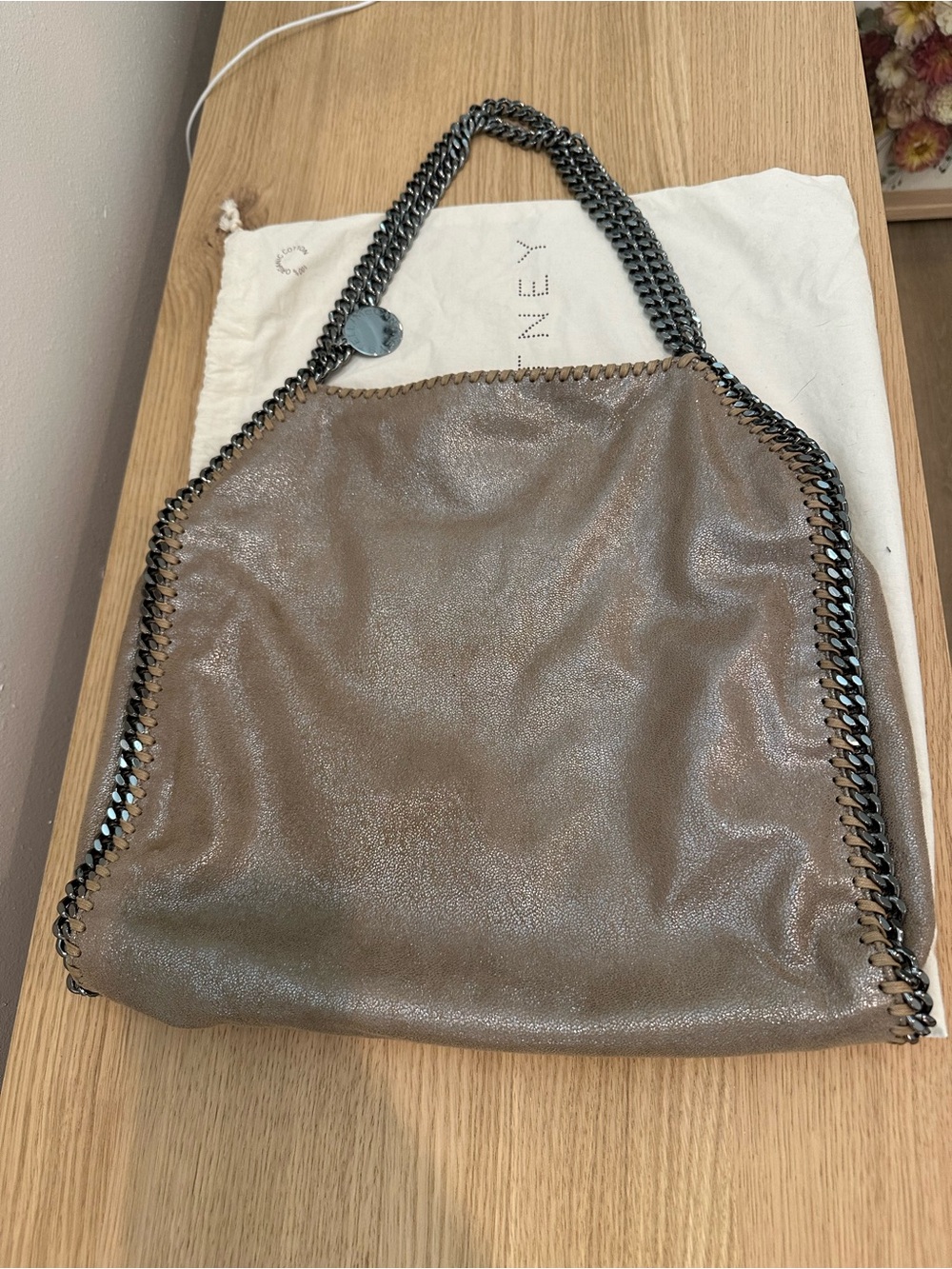 Stella McCartney Falabella Shaggy Deer Taupe Tote with Chain Trim